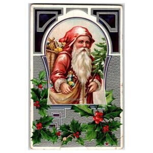 Vintage German Embossed Santa Claus Christmas Postcard with Holly